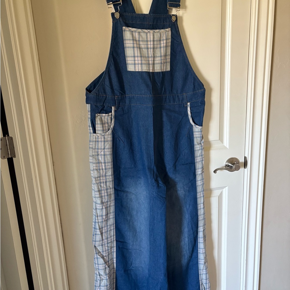 ODDY Blue Wide Leg Jumpsuit with Plaid Accents